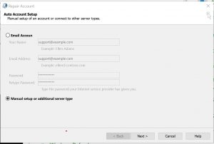 Outlook editing email account settings: control panel: auto account setup