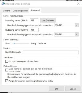 Outlook editing email account settings: control panel: internet email settings