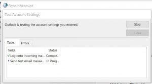 Outlook editing email account settings: control panel: test account settings