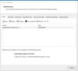 Outlook editing email account settings: email accounts