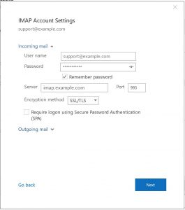 Outlook editing email account settings: imap account settings incoming