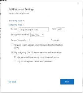 Outlook editing email account settings: imap account settings outgoing