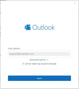 Outlook editing email account settings: repair confirmation