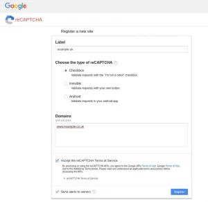 Create reCAPTCHA API keys registering new checkbox type site